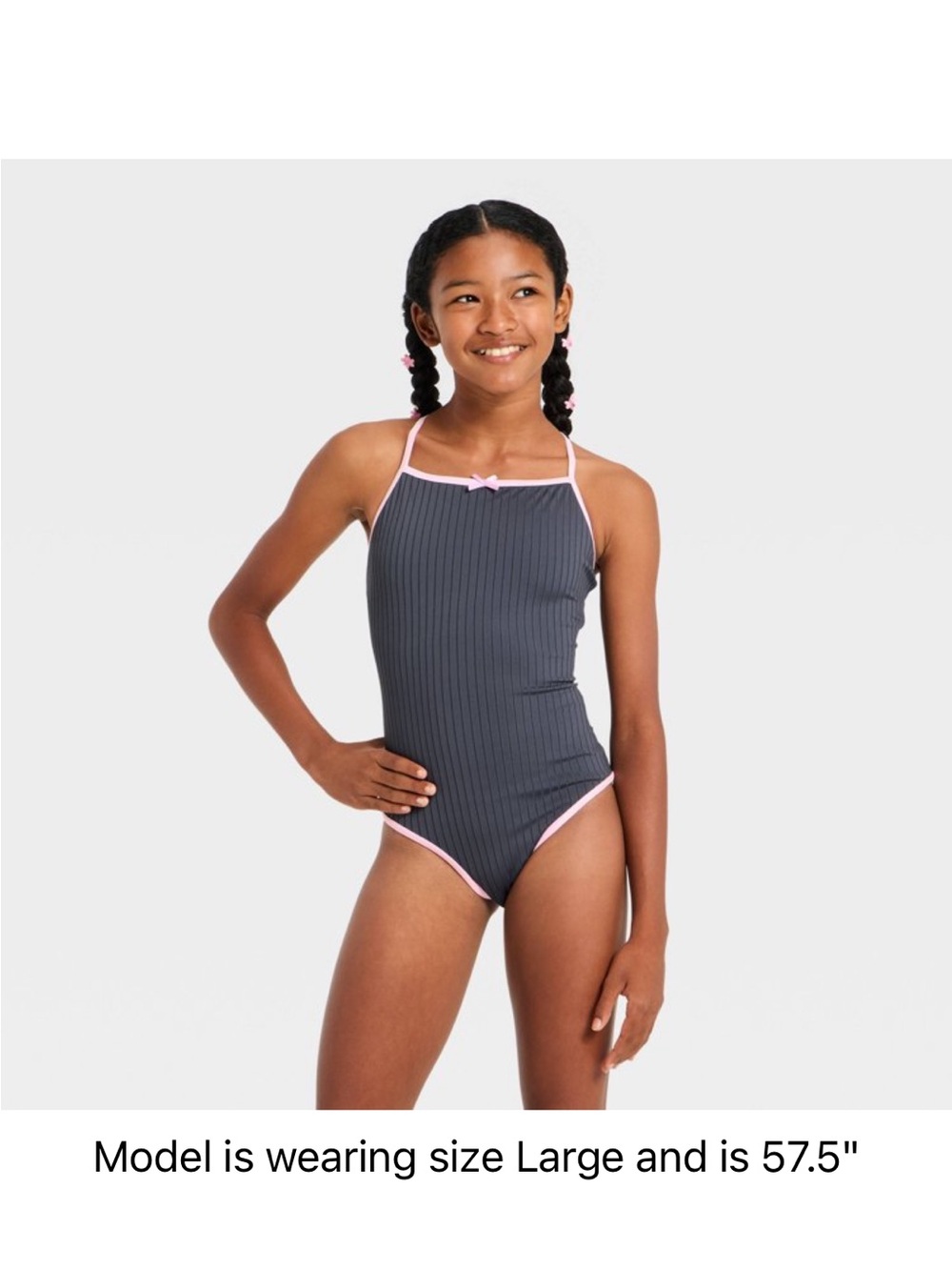 NWT Target Art Class Girls' Grey Ribbed One-Piece Swimsuit sz L (10-12)